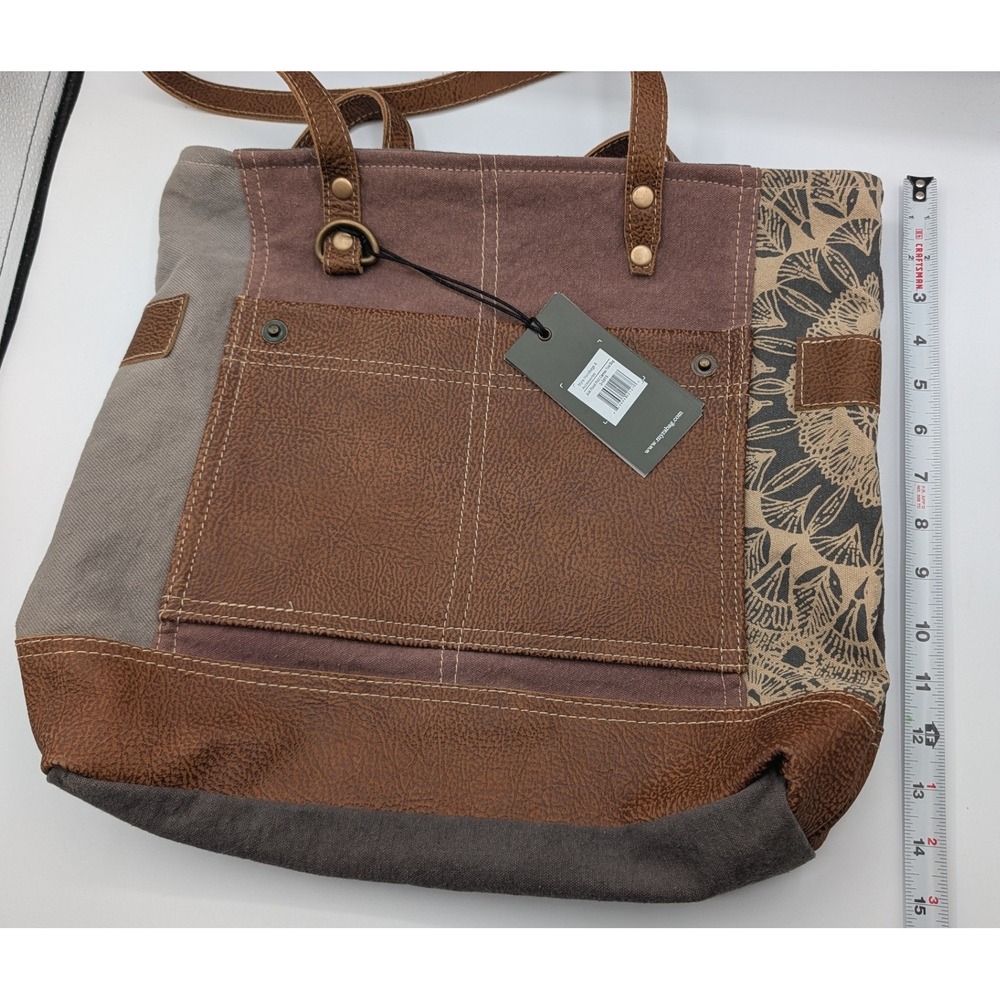 Myra Bag Upcycled Canvas Leather Patchwork Tote Bag Brown Grey Floral NWT - Picture 5 of 6